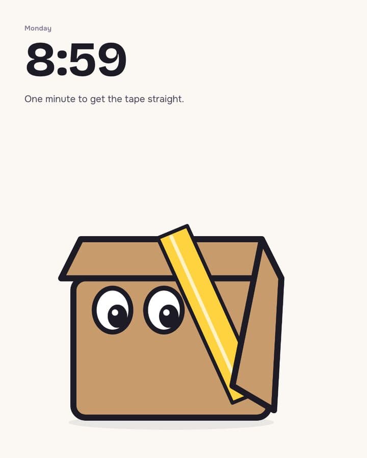 Boxkin, a Kamply sample brand. Three illustrated carousel slides: a cardboard box with eyes at 8:59, a stack of labelled boxes arriving at 9:00, and one box tagged Free plan