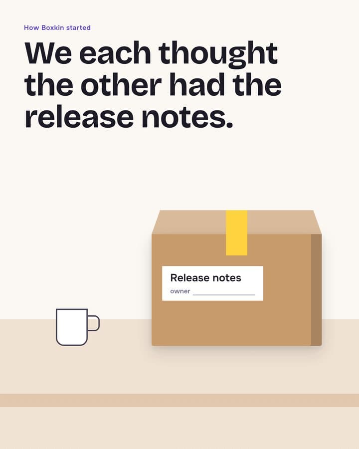 Boxkin, a Kamply sample brand. Carousel slides telling a founding story with one cardboard box: an unowned Release notes label, a launch set for Friday, a late sticker, and a handover note taped on