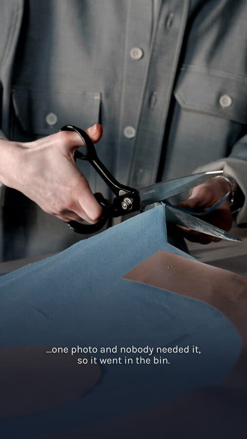 Darnfold, a Kamply sample brand. Four story frames with subtitles: hands cutting blue denim with tailor’s shears, a hand chalking a line on cloth, a hand resting on a roll of pale blue cloth, and the same roll behind a line about the roll number on every label