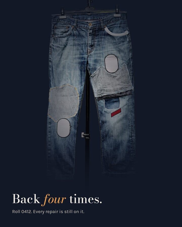 Darnfold, a Kamply sample brand. Carousel slides on dark navy: one pair of jeans with four repairs, then close-ups of the knee patch, the patches above the knee and the oval patch on the upper thigh