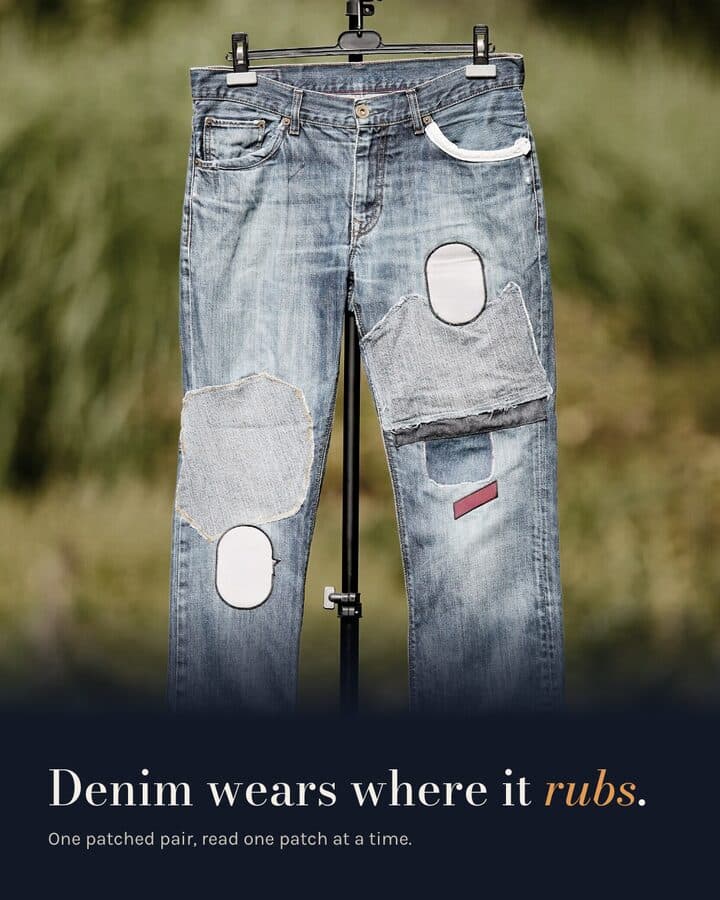 Darnfold, a Kamply sample brand. Four carousel slides of one patched pair of jeans on a stand: a copper ring marks the frayed patch on the inner thigh, then a round patch above the other knee, then an oval patch just below it