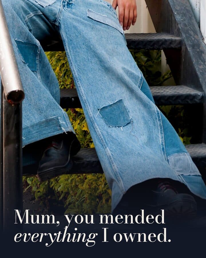 Darnfold, a Kamply sample brand. Three carousel slides: someone sitting on a metal stair in wide-leg jeans patched below the knee, a close view of the darker square patch with a loose thread, and the Darnfold logo over the same leg with the free repairs offer
