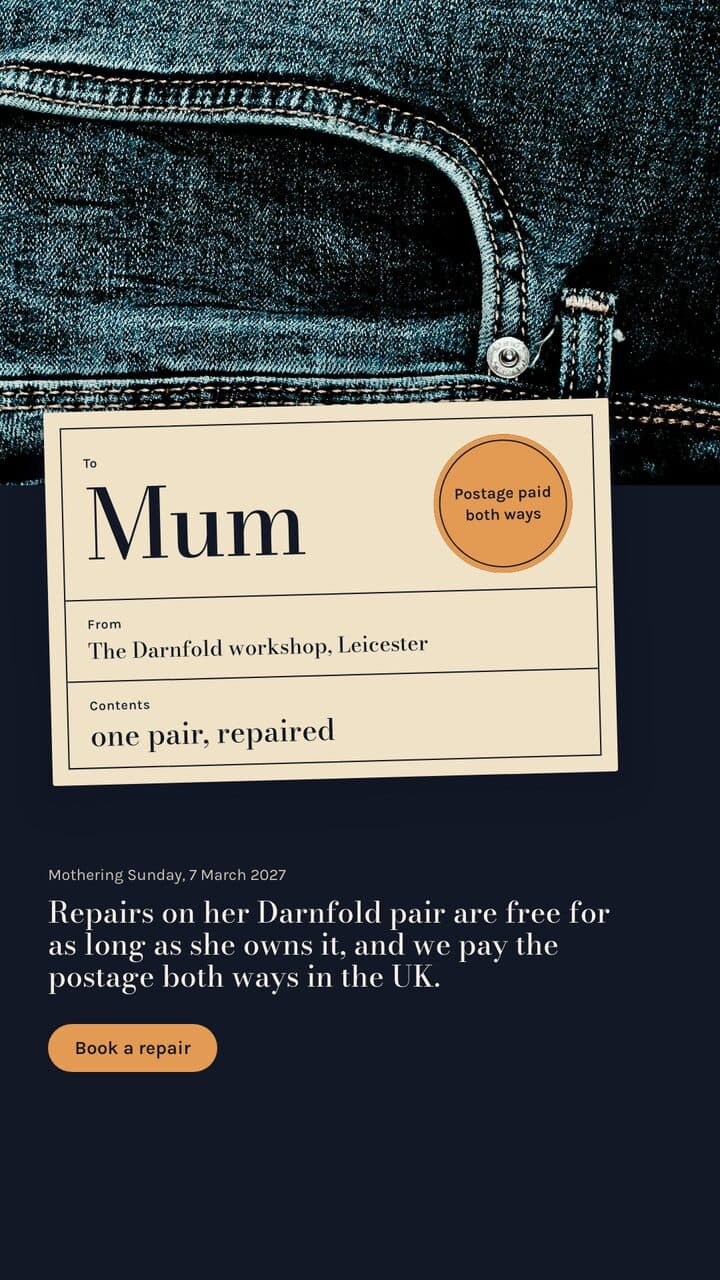 Darnfold, a Kamply sample brand. A 9:16 story for Mothering Sunday: a parcel tag addressed to Mum hangs from a jeans waistband, above a line saying repairs are free and postage is paid both ways