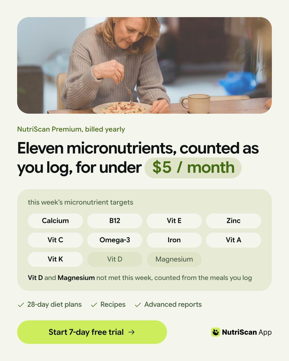 A 4:5 ad: an older woman eating pasta at a table, above a headline with the price in a green pill and a grid of eleven micronutrient chips