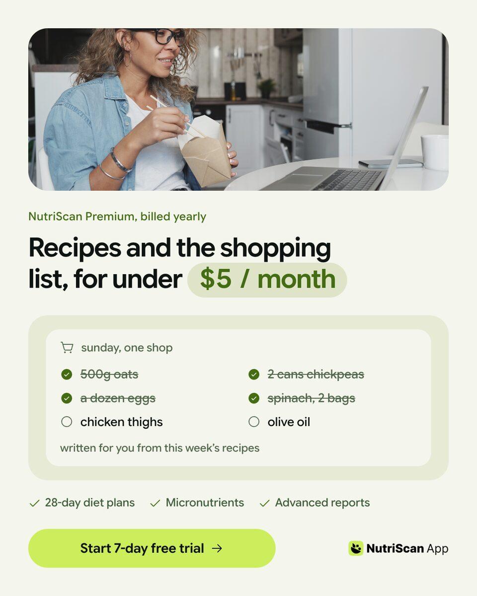 A 4:5 ad: a woman eating from a takeaway box at a kitchen counter, above a headline with the price in a green pill and a ticked-off Sunday shopping list