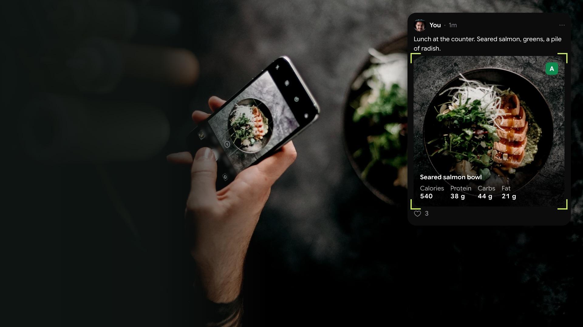 A 16:9 event card: a hand holding a phone over a salmon bowl, beside a club post showing the meal’s calories and macros