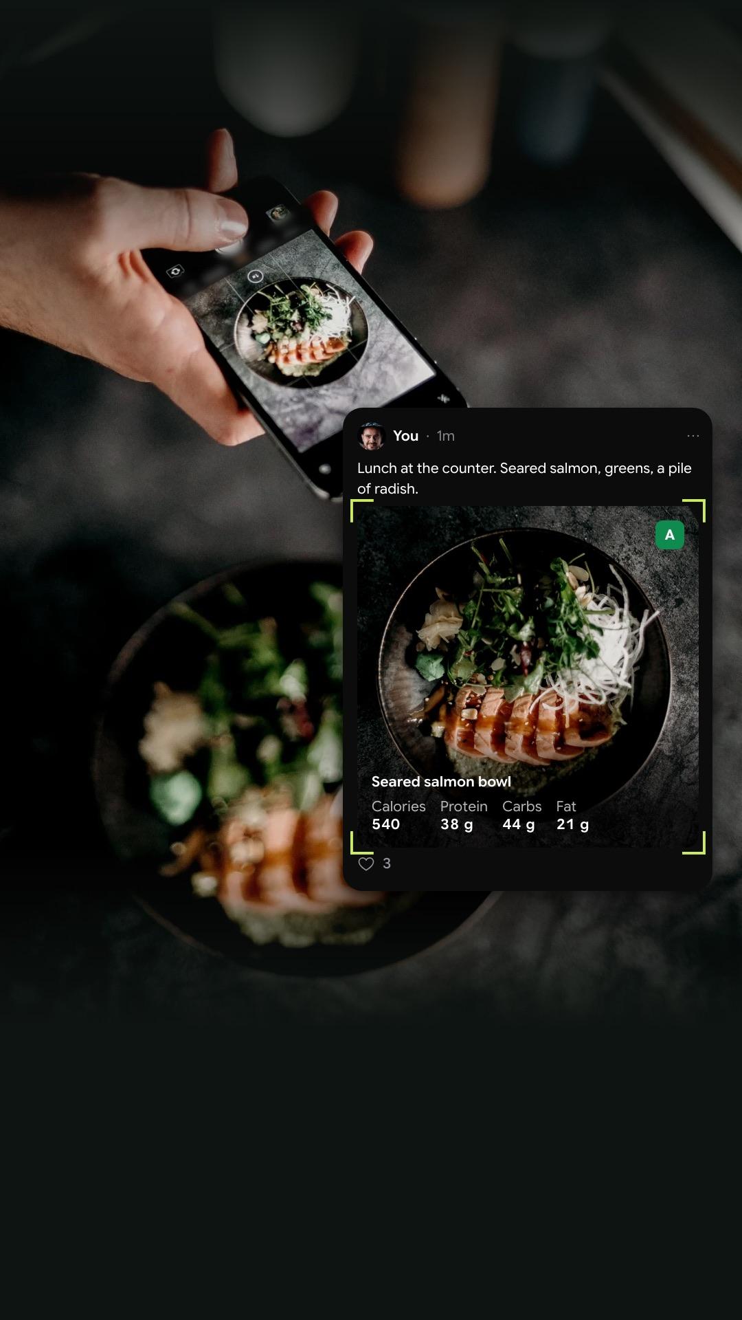 In-app event artwork: a phone photographing a salmon bowl, beside the club post it becomes