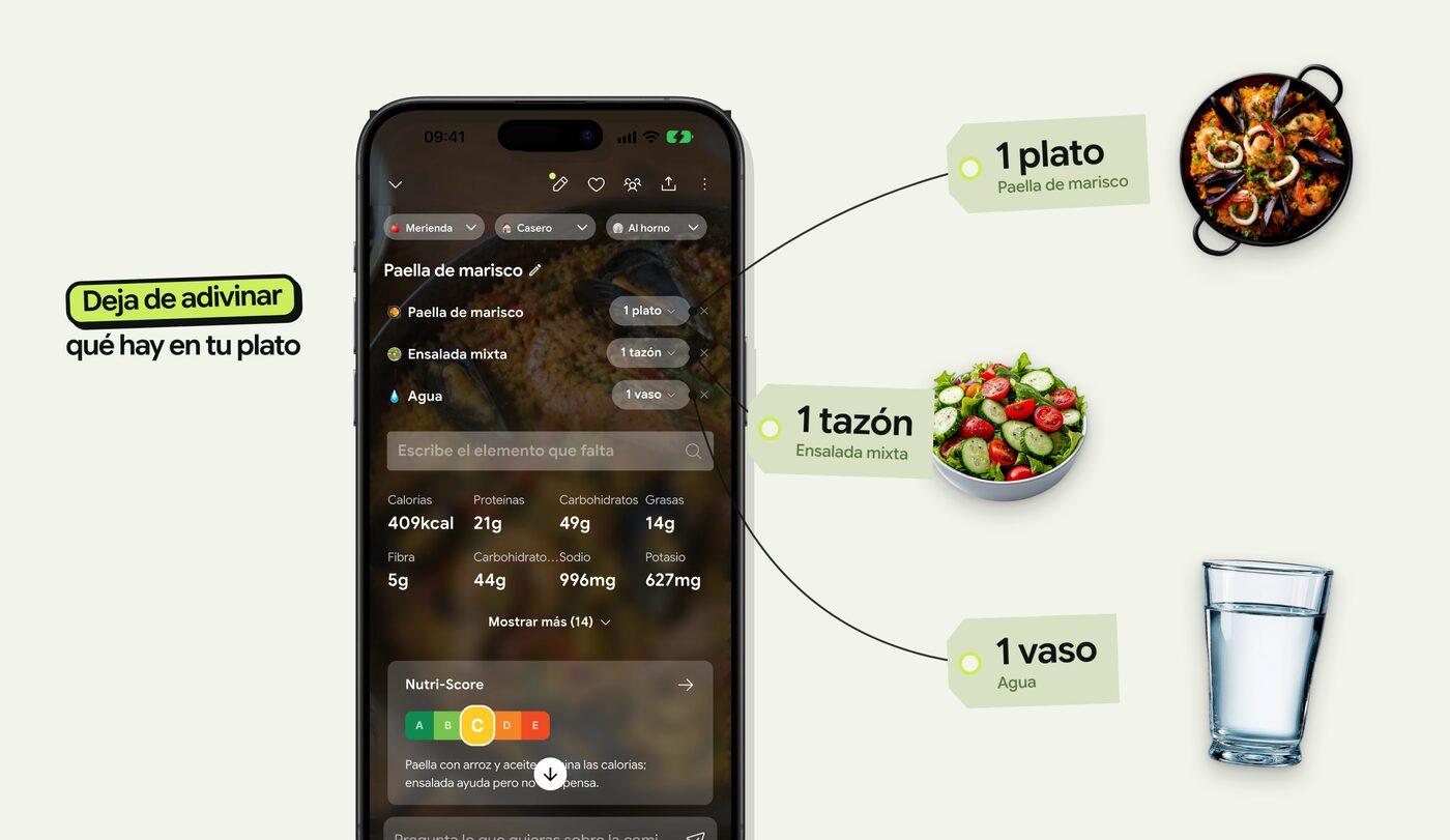 The Spanish App Store header: a phone showing a logged seafood paella, with tags for one plate of paella, a bowl of mixed salad and a glass of water