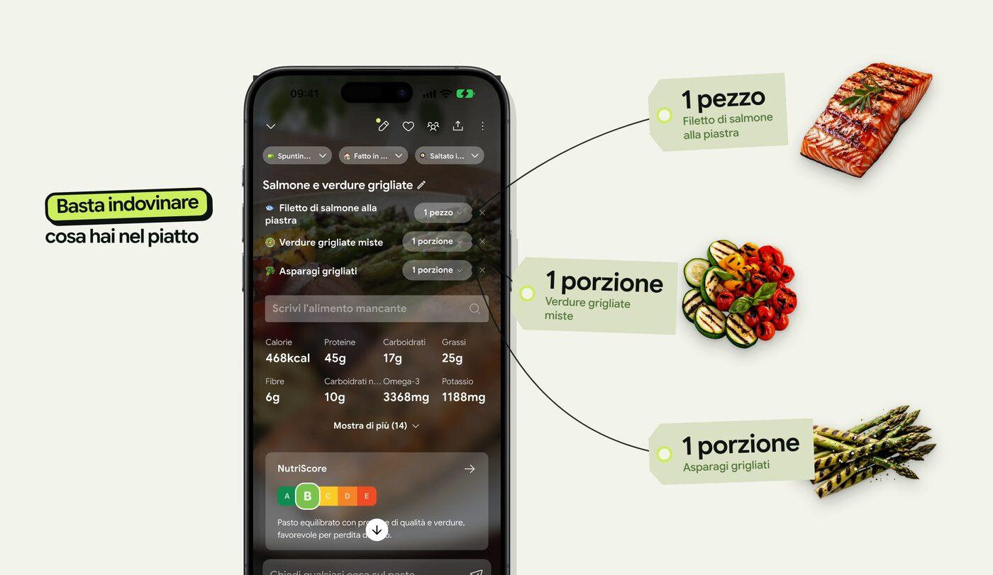 The same App Store header in six languages: a phone showing a logged meal with three ingredient tags beside it. The meal changes per market, from salmon and grilled vegetables in Italian to picanha with rice and beans, meatballs with mash, soba with tempura, dal with roti, and paella