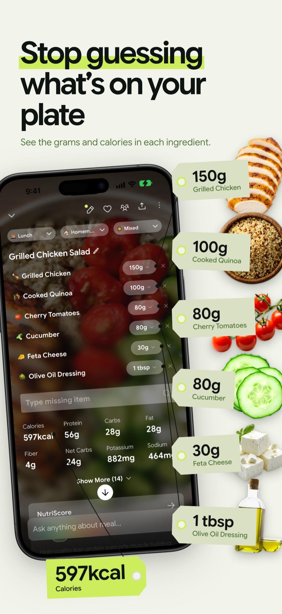 Four of ten iPhone App Store screenshots: a meal screen with a weight tag per ingredient, a daily diet plan with handwritten notes and red arrows, a recipe screen with two margin notes, and a fasting dial above a row of water glasses