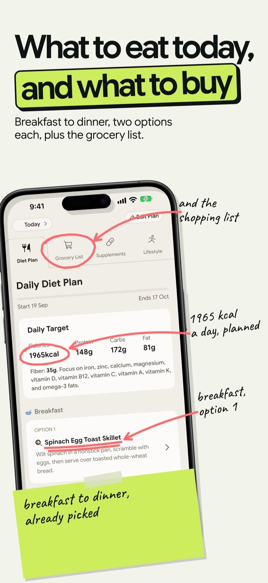 iPhone App Store screenshot: a daily diet plan with handwritten notes
