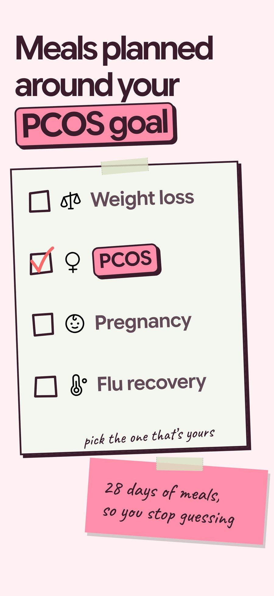 Eight of 19 iPhone App Store screenshots on a blush field with berry highlights: a goal checklist with PCOS ticked, a daily diet plan with handwritten notes and red arrows, a woman in an arch frame above protein and fiber bars, a recipe screen with margin notes, a fasting dial above water glasses, the same checklist with pregnancy ticked, a pregnant woman cooking above iron and calcium bars, and a month calendar of green squares