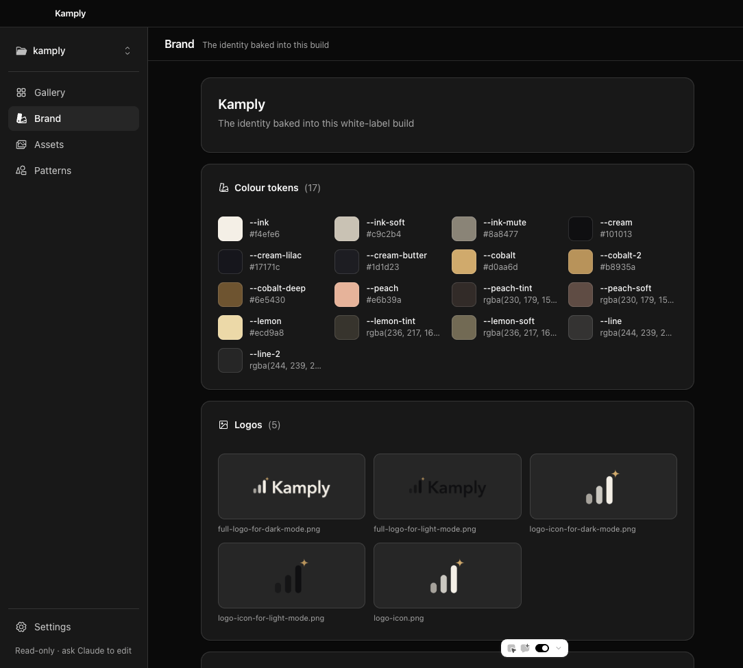 Kamply's brand screen: seventeen named colour tokens listed with their exact values.
