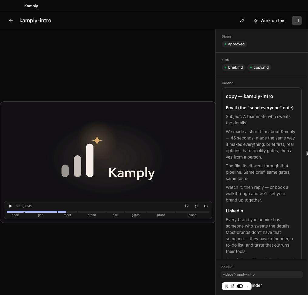 A finished 45-second reel open in Kamply, marked approved, its beats laid out under the player.