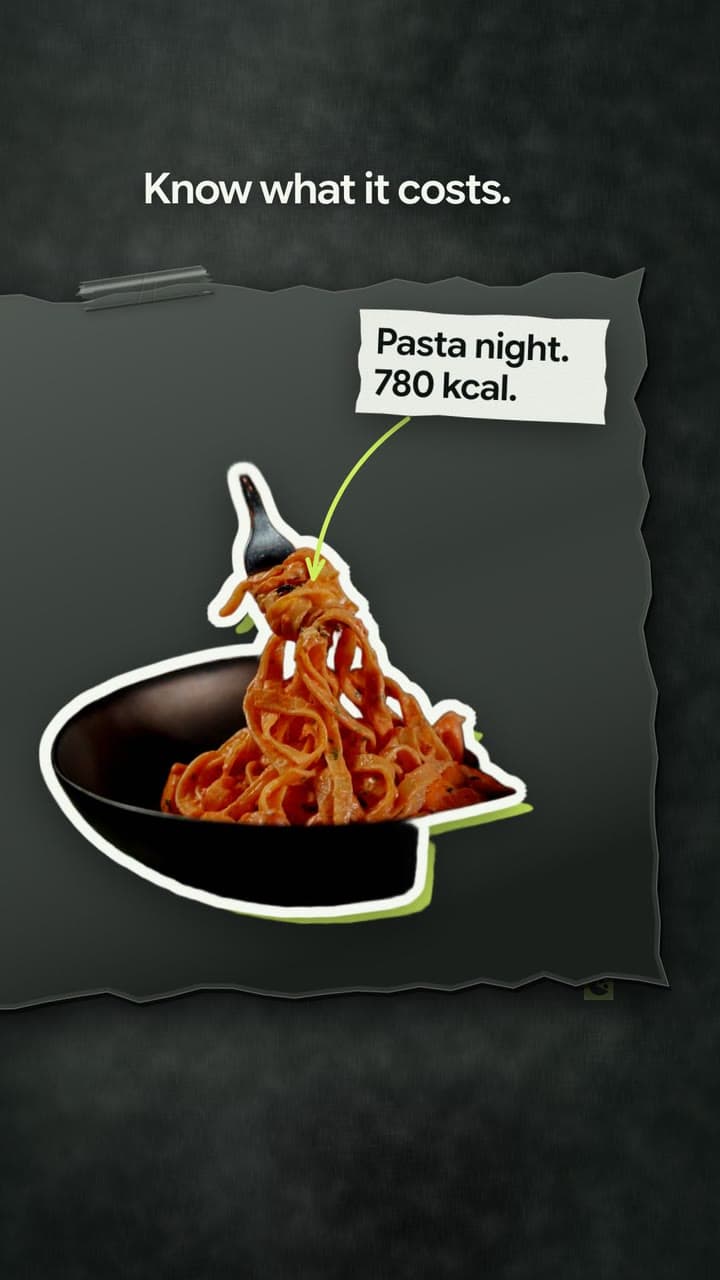 A collage-style reel showing a pan of pasta tagged 780 kcal