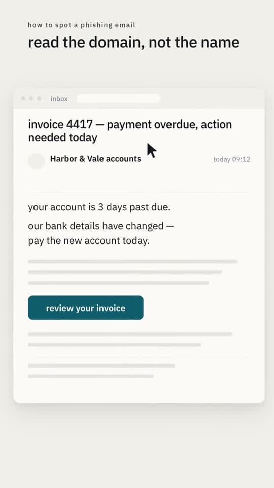 A 9:16 reel frame showing an email on screen, with the point set above it