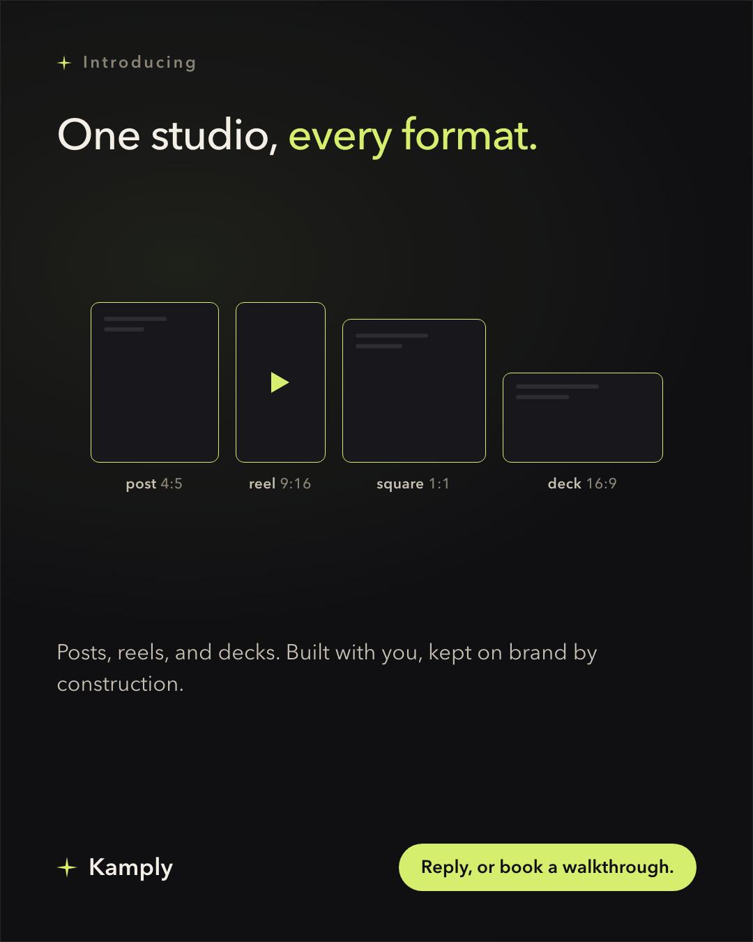 Kamply launch post, slide 1: the headline One studio, every format above four lime-outlined frames labelled post 4:5, reel 9:16, square 1:1 and deck 16:9, with the Kamply logo and a lime pill reading Reply, or book a walkthrough
